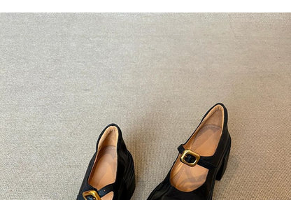 Faux Plain Heel Leather Chunky Shoes Buckled Jane Mary