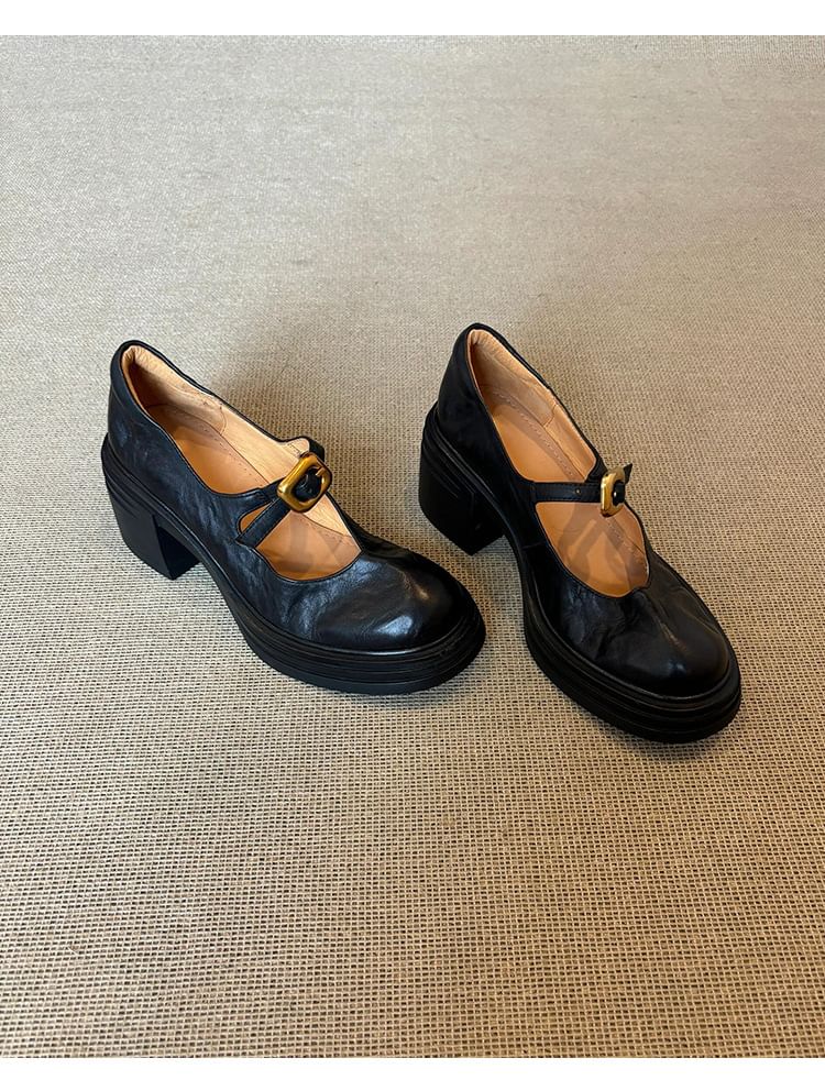 Faux Plain Heel Leather Chunky Shoes Buckled Jane Mary