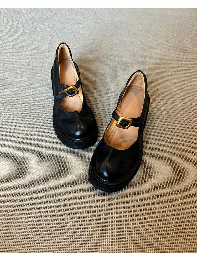 Faux Plain Heel Leather Chunky Shoes Buckled Jane Mary