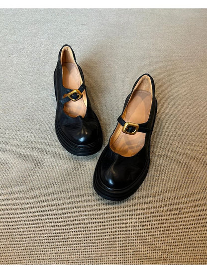 Faux Plain Heel Leather Chunky Shoes Buckled Jane Mary