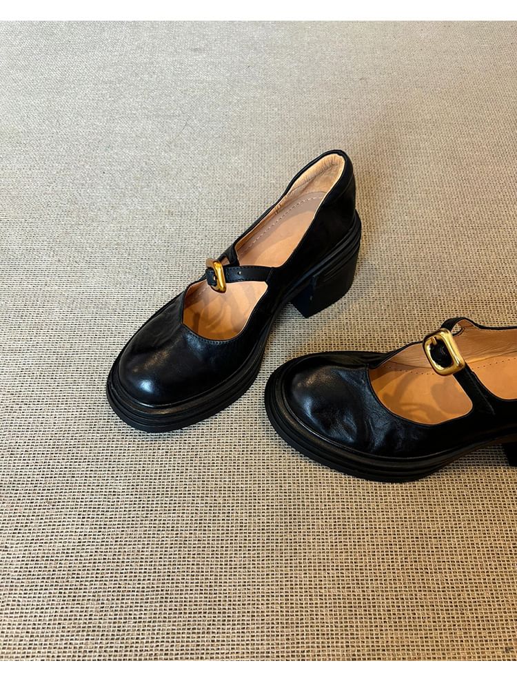 Faux Plain Heel Leather Chunky Shoes Buckled Jane Mary