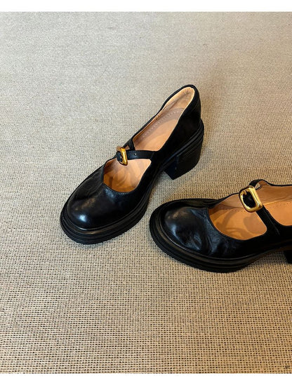 Faux Plain Heel Leather Chunky Shoes Buckled Jane Mary