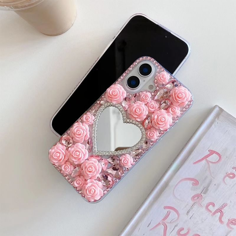 Mirrored Case Rose Phone Rhinestone