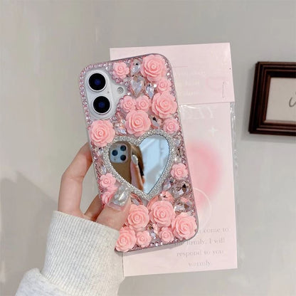 Mirrored Case Rose Phone Rhinestone
