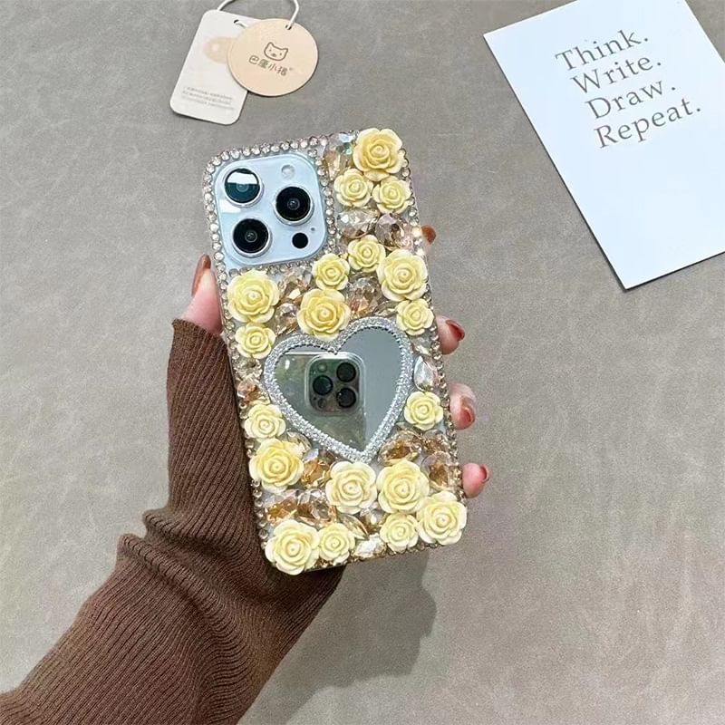 Mirrored Case Rose Phone Rhinestone