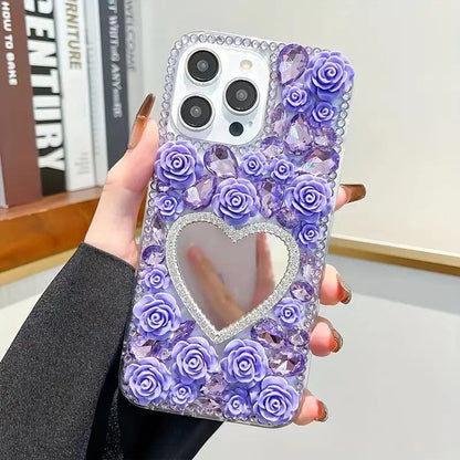 Mirrored Case Rose Phone Rhinestone