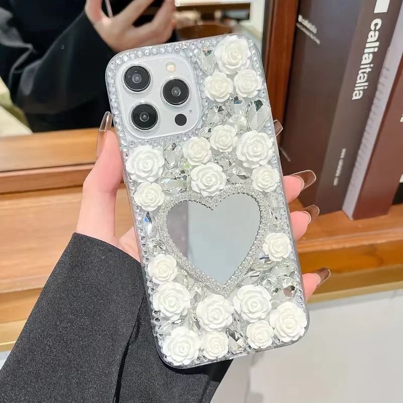 Mirrored Case Rose Phone Rhinestone