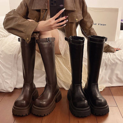 Buckled Boots Tall Plain Platform