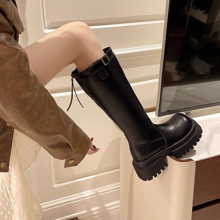 Buckled Boots Tall Plain Platform