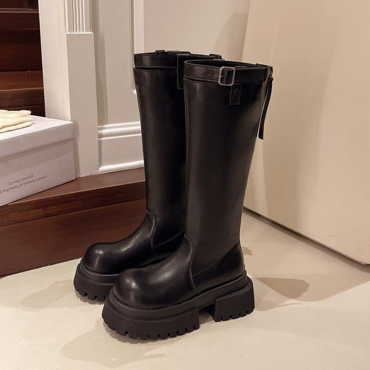 Buckled Boots Tall Plain Platform