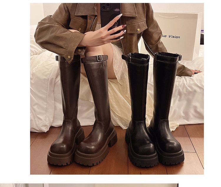 Buckled Boots Tall Plain Platform