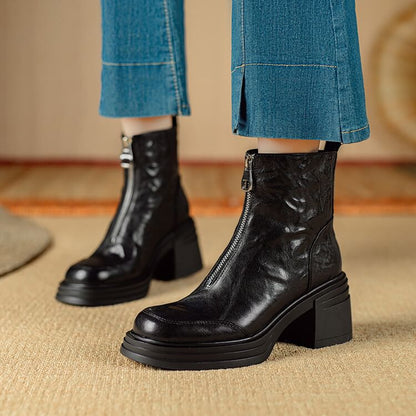 Chunky Heel Plain Zip-Up Genuine Leather Short Boots