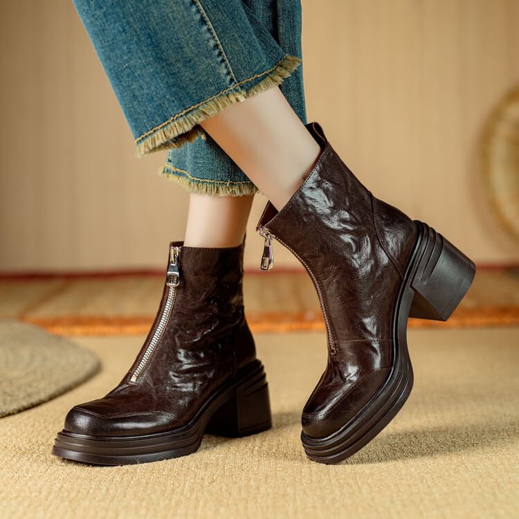 Chunky Heel Plain Zip-Up Genuine Leather Short Boots