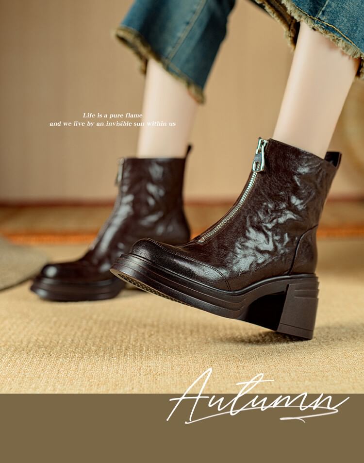 Chunky Heel Plain Zip-Up Genuine Leather Short Boots