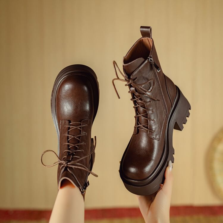 Platform Plain Lace-Up Genuine Leather Short Boots