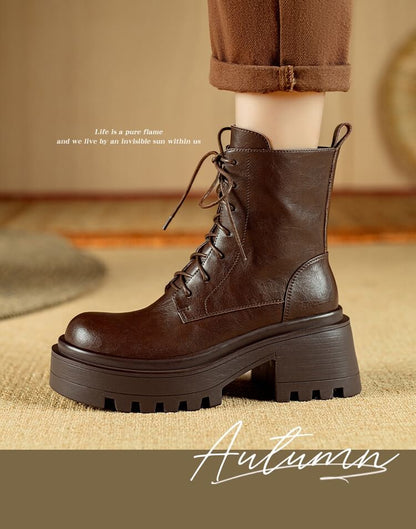 Platform Plain Lace-Up Genuine Leather Short Boots