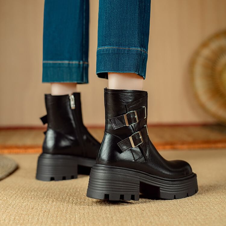 Platform Plain Buckled Zip-Up Genuine Leather Short Boots