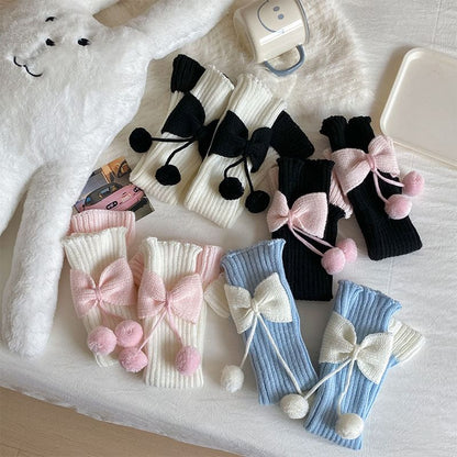 Two Tone Bow Pom Pom Ribbed Knit Leg Warmers