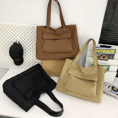 Canvas Pocket Bag Plain Flap Tote