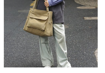 Canvas Pocket Bag Plain Flap Tote