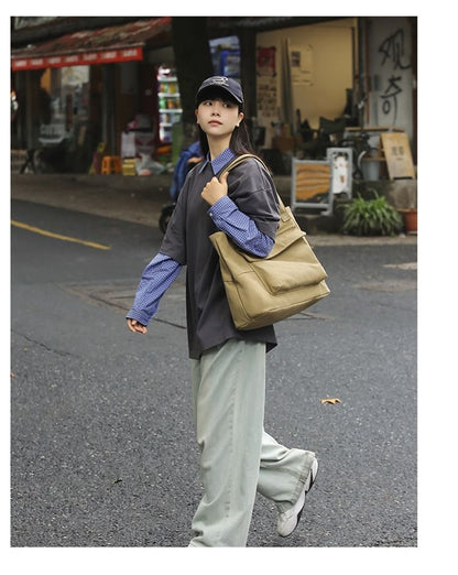 Canvas Pocket Bag Plain Flap Tote