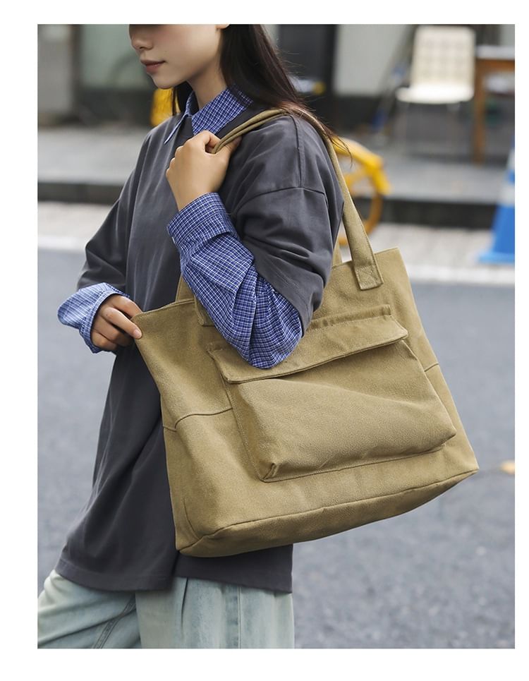 Canvas Pocket Bag Plain Flap Tote
