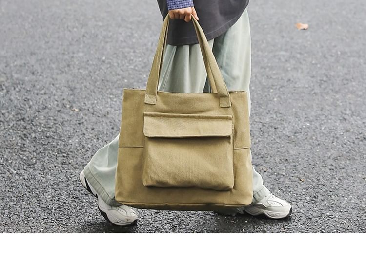 Canvas Pocket Bag Plain Flap Tote