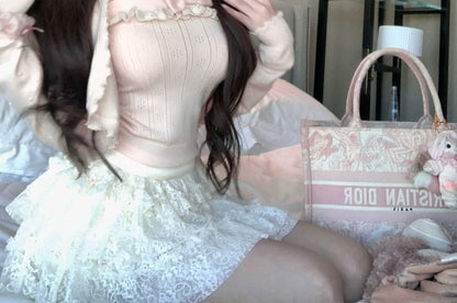 Mini Skirt Cardigan Waist Trim / Bowknot A-Line Knit Cami Top Ribbed Ruffle Mid Lace Plain