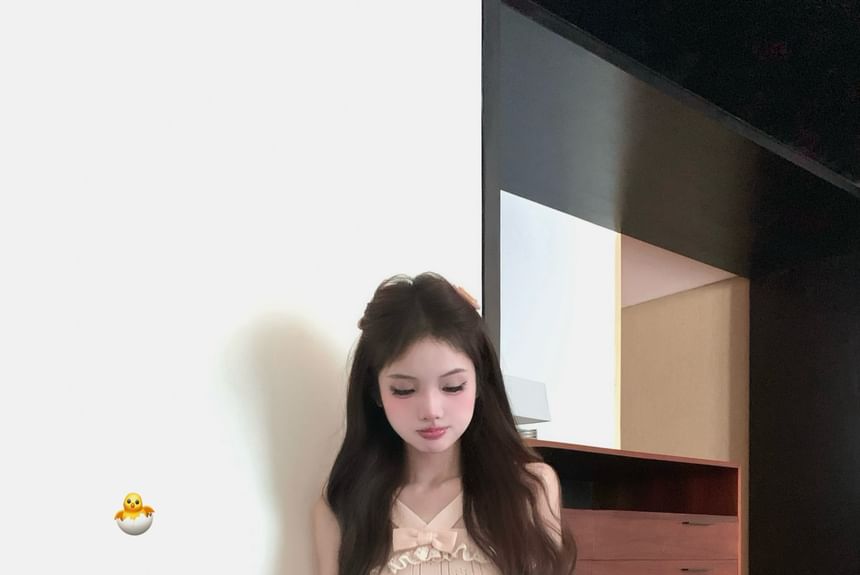 Mini Skirt Cardigan Waist Trim / Bowknot A-Line Knit Cami Top Ribbed Ruffle Mid Lace Plain