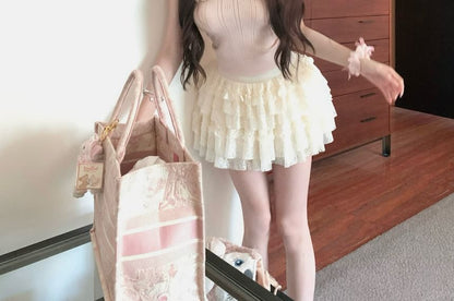 Mini Skirt Cardigan Waist Trim / Bowknot A-Line Knit Cami Top Ribbed Ruffle Mid Lace Plain