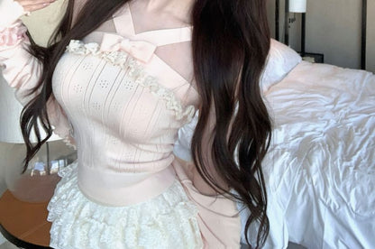 Mini Skirt Cardigan Waist Trim / Bowknot A-Line Knit Cami Top Ribbed Ruffle Mid Lace Plain