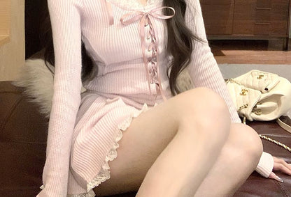 Neck Plain Scoop Mini Rise Top Hooded Trim Skirt Long-Sleeve A-Line Lace Mid /