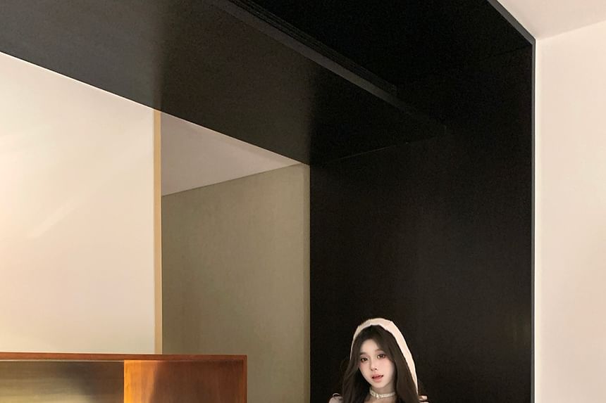 Neck Plain Scoop Mini Rise Top Hooded Trim Skirt Long-Sleeve A-Line Lace Mid /