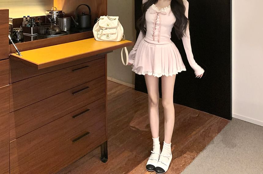 Neck Plain Scoop Mini Rise Top Hooded Trim Skirt Long-Sleeve A-Line Lace Mid /