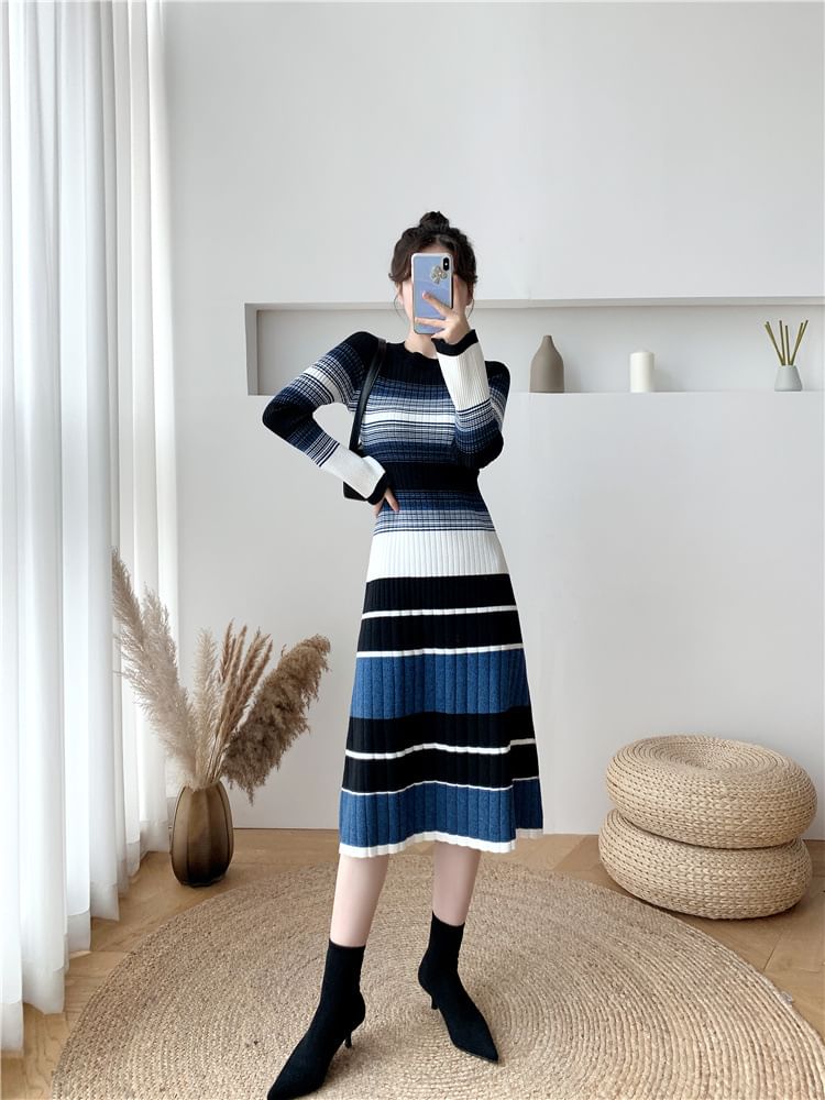 Long-Sleeve Crew Neck Striped Ribbed Knit Midi A-Line Dress