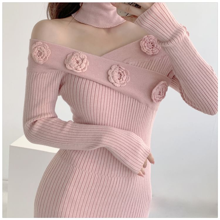 Long-Sleeve Off-Shoulder Plain Flower Detail Ribbed Knit Maxi Sheath Dress