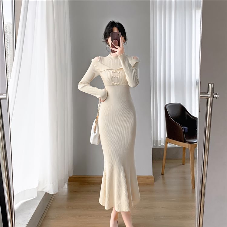 Long-Sleeve Cold-Shoulder Plain Bow Ribbed Knit Midi Mermaid Dress