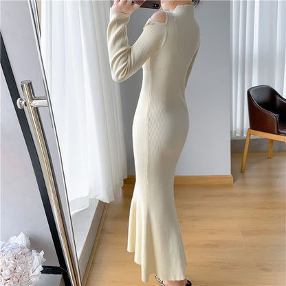 Long-Sleeve Cold-Shoulder Plain Bow Ribbed Knit Midi Mermaid Dress