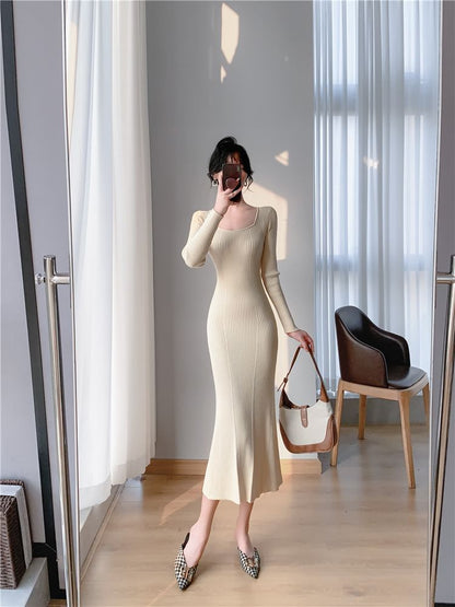 Long-Sleeve Scoop Neck Plain Ribbed Knit Midi Mermaid Dress