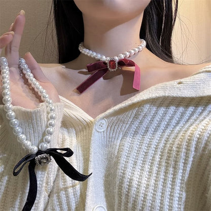 Pearl Choker Bow Faux