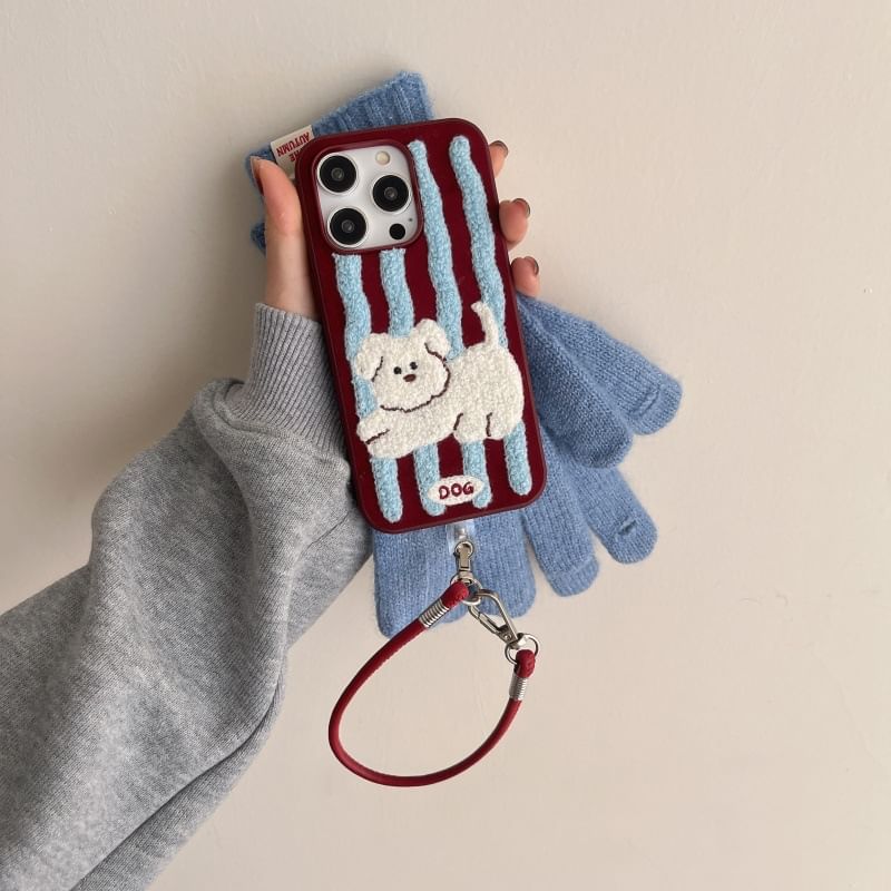 Phone Case Embroidered Dog Striped