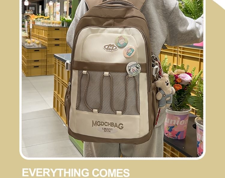 Brooch Set / Panel Drawstring Lettering Backpack Nylon Mesh Embroidered