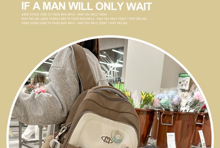 Brooch Set / Panel Drawstring Lettering Backpack Nylon Mesh Embroidered