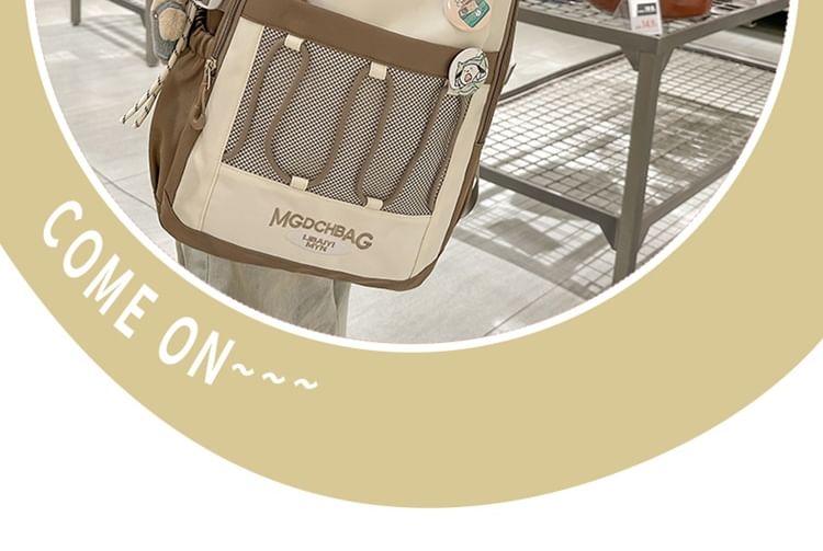 Brooch Set / Panel Drawstring Lettering Backpack Nylon Mesh Embroidered