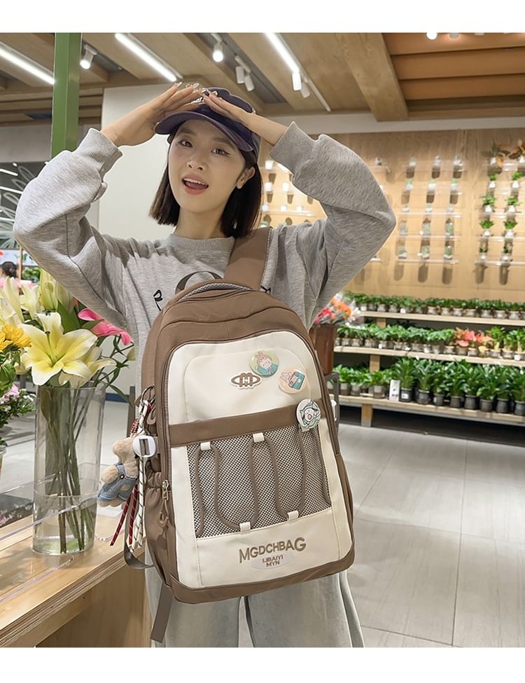 Brooch Set / Panel Drawstring Lettering Backpack Nylon Mesh Embroidered