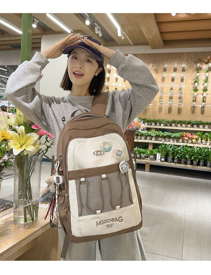 Brooch Set / Panel Drawstring Lettering Backpack Nylon Mesh Embroidered