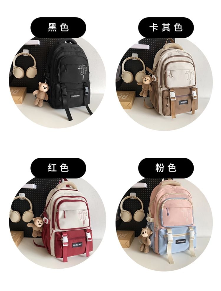 Lettering Buckled Set Backpack / Charm Nylon Bag