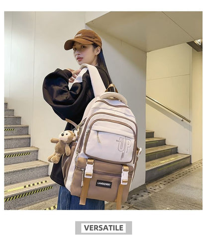 Lettering Buckled Set Backpack / Charm Nylon Bag