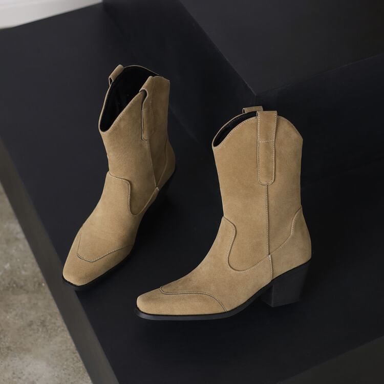 Heel Block Calf Toe Square Boots Mid Suede Faux Panel