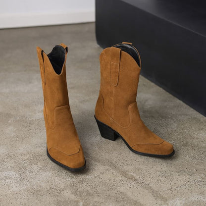 Heel Block Calf Toe Square Boots Mid Suede Faux Panel